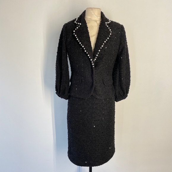 Alberto Makali Black Textured Tweed Sequin Skirt Suit Set with Pearl Det… - Picture 1 of 12